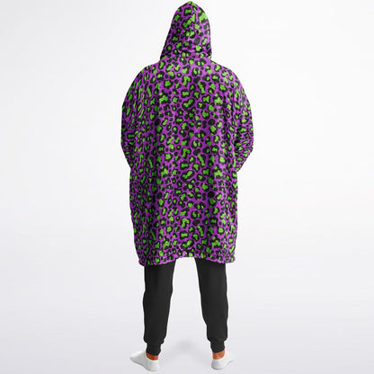 Neon Purple Leopard Print Unisex Reversible Snug Hoodie, Psychedelic Vivid Colors Pullover Hooded Blanket with Sleeves,All Over Print Hoodie