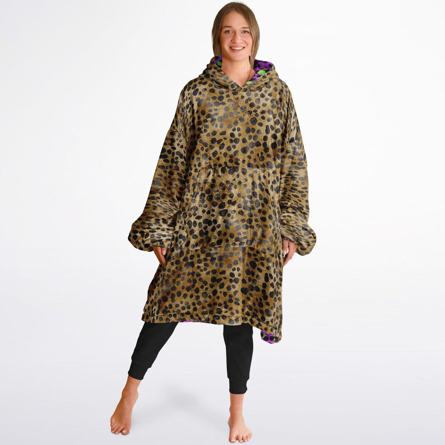 Neon Purple Leopard Print Unisex Reversible Snug Hoodie, Psychedelic Vivid Colors Pullover Hooded Blanket with Sleeves,All Over Print Hoodie