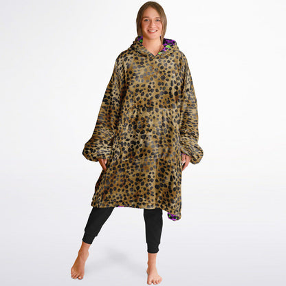 Neon Purple Leopard Print Unisex Reversible Snug Hoodie, Psychedelic Vivid Colors Pullover Hooded Blanket with Sleeves,All Over Print Hoodie