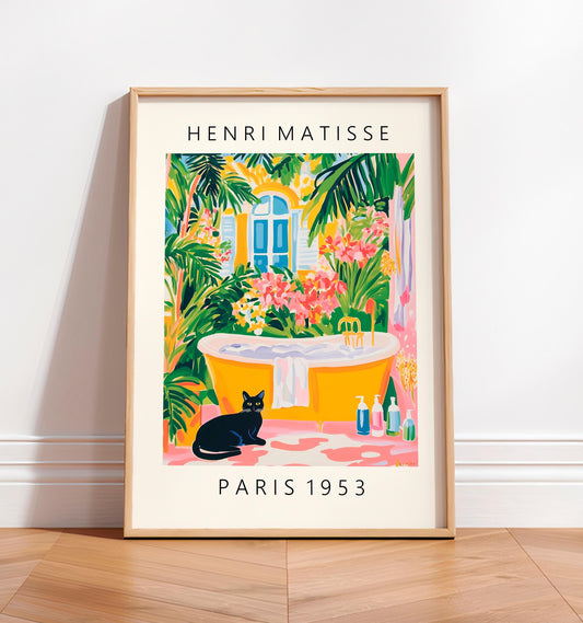 Black Cat Matisse Style Print: Funky Bathroom Wall Art