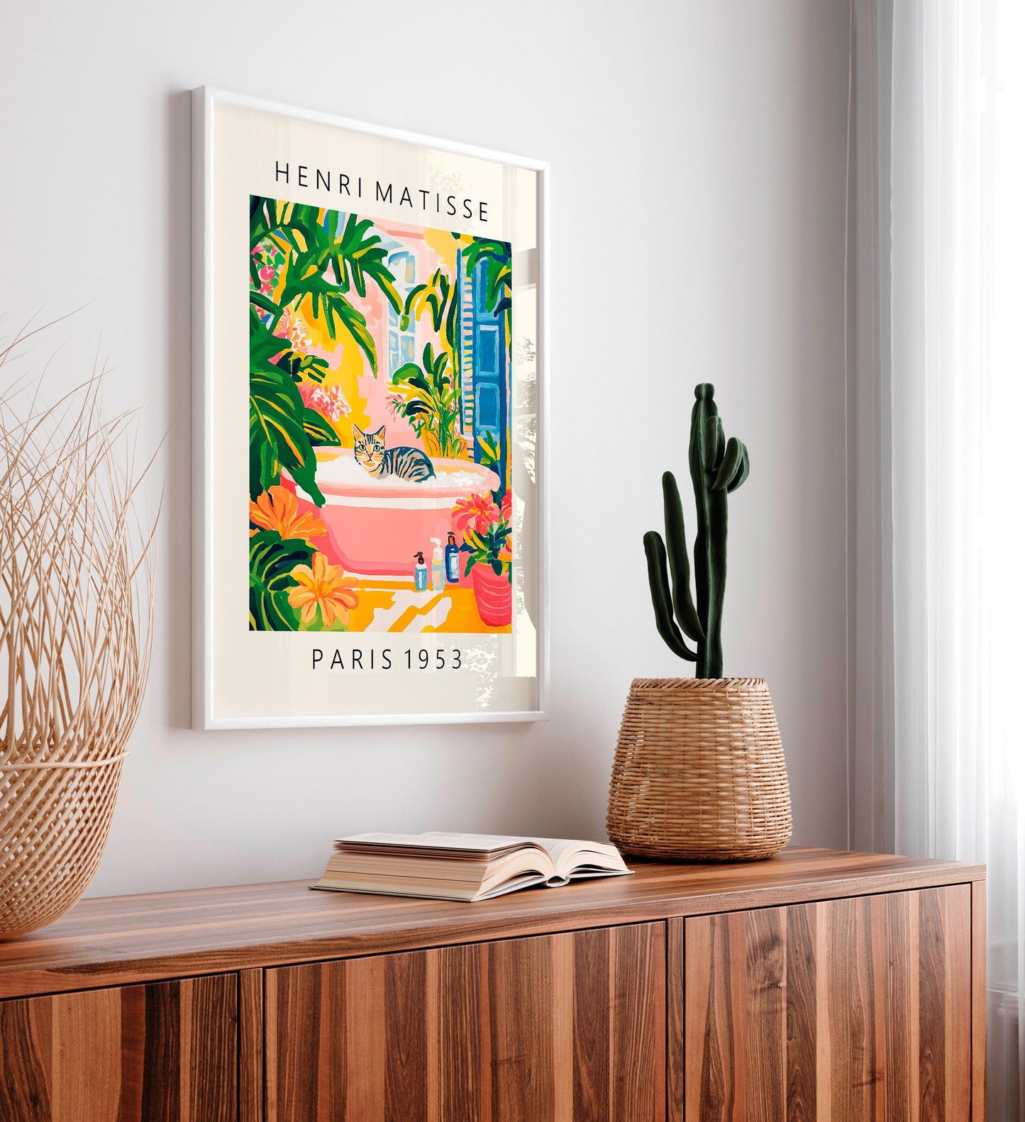 Grey Tabby Cat Bath Art Print: Matisse Style Bathroom Decor