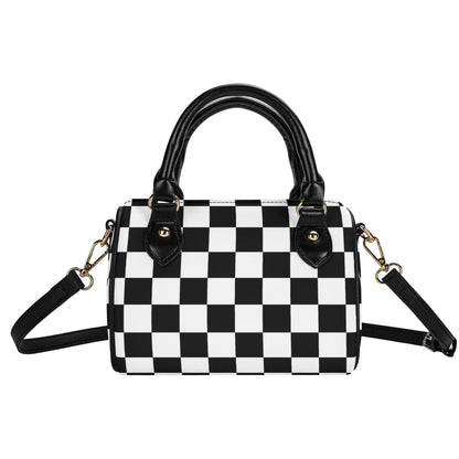 Checkered Mini Handbag. Leather Mini Small Boston Bag Satchel. Black Handbag. Top Handle. Shoulder Bag. Unique Gift.