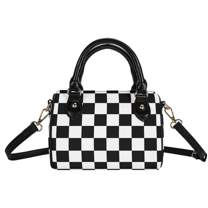 Checkered Mini Handbag. Leather Mini Small Boston Bag Satchel. Black Handbag. Top Handle. Shoulder Bag. Unique Gift.