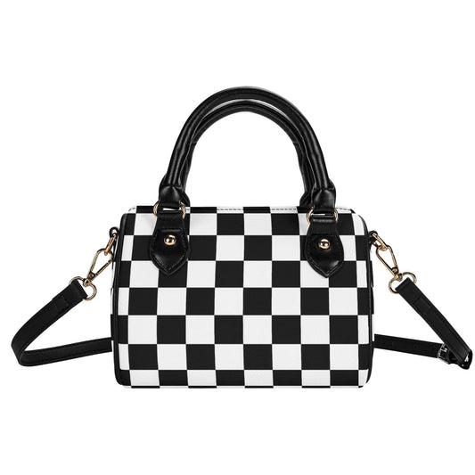 Checkered Mini Handbag. Leather Mini Small Boston Bag Satchel. Black Handbag. Top Handle. Shoulder Bag. Unique Gift.