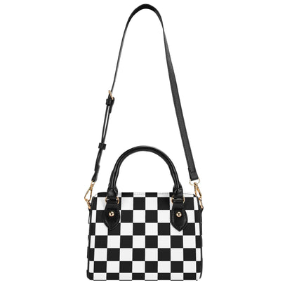 Checkered Mini Handbag. Leather Mini Small Boston Bag Satchel. Black Handbag. Top Handle. Shoulder Bag. Unique Gift.