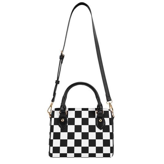 Checkered Mini Handbag. Leather Mini Small Boston Bag Satchel. Black Handbag. Top Handle. Shoulder Bag. Unique Gift.