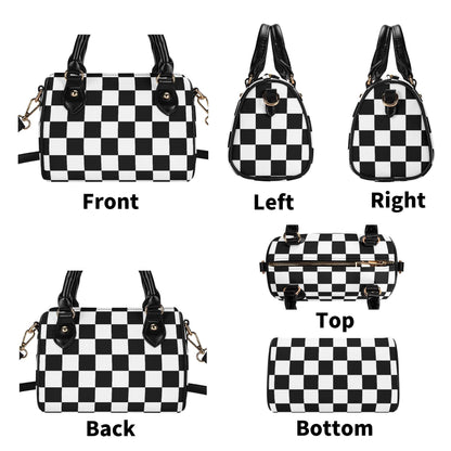 Checkered Mini Handbag. Leather Mini Small Boston Bag Satchel. Black Handbag. Top Handle. Shoulder Bag. Unique Gift.