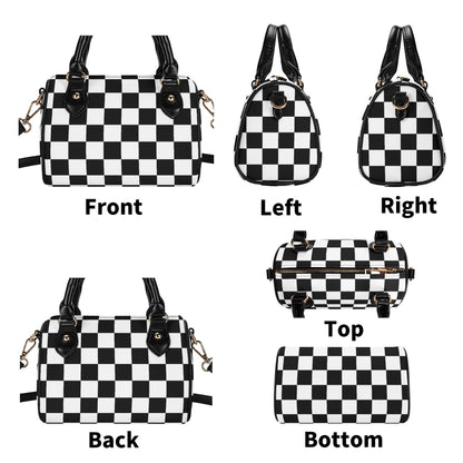Checkered Mini Handbag. Leather Mini Small Boston Bag Satchel. Black Handbag. Top Handle. Shoulder Bag. Unique Gift.