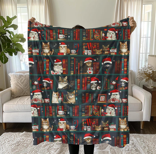 Cute Christmas Cat and Books Minky Blanket Cat Lover Sherpa Fleece Blanket Christmas Cat Mama Blanket Christmas Blanket Bookworm Blanket