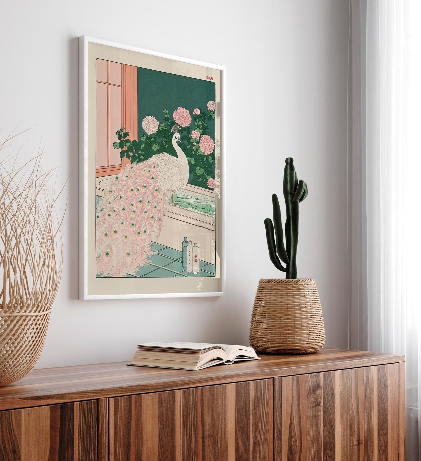 Albino Peacock Ukiyo-e Art: Japanese Bathroom Print