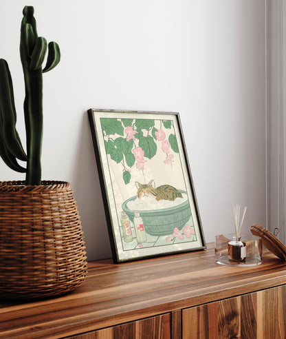 Tabby Cat in Bathtub Art Print: Japanese Bathroom Decor in Ukiyo-e Style