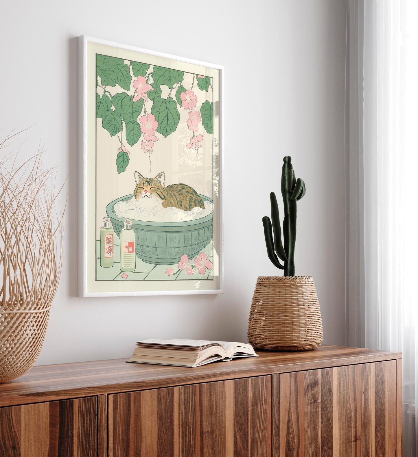 Tabby Cat in Bathtub Art Print: Japanese Bathroom Decor in Ukiyo-e Style