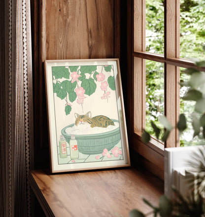 Tabby Cat in Bathtub Art Print: Japanese Bathroom Decor in Ukiyo-e Style