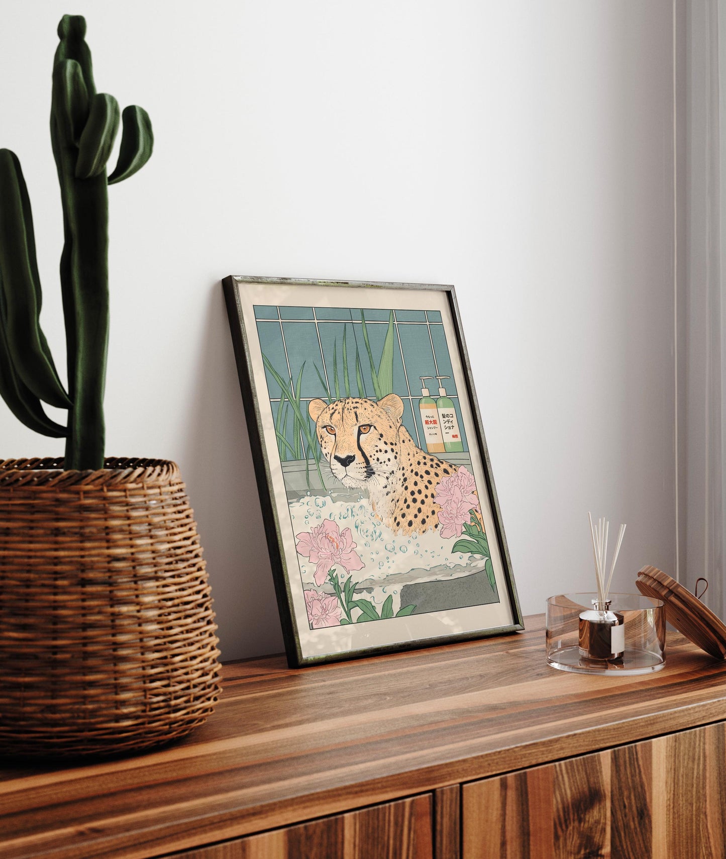 Cheetah in Bathtub Art Print: Japanese Ukiyo-e Style Bathroom Decor