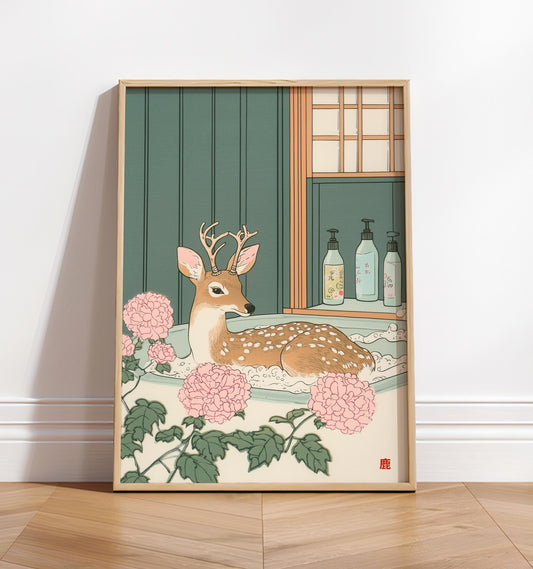 Deer in Bathtub Ukiyo-e Print: Japandi Bathroom Wall Art
