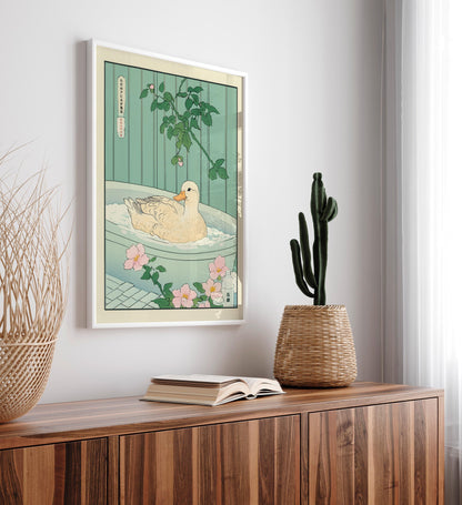 Duck in Bathtub Wall Art: Ukiyo-e Japanese Bathroom Print