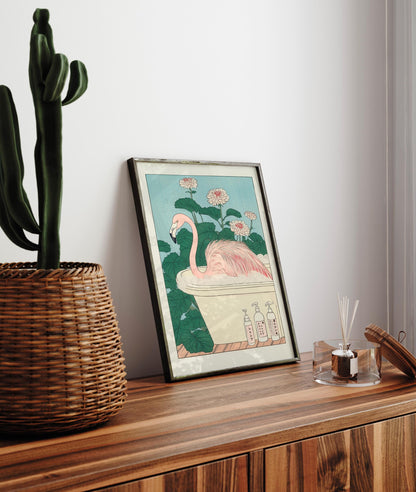 Japanese Flamingo Art Print: Ukiyo-e Bathroom Decor