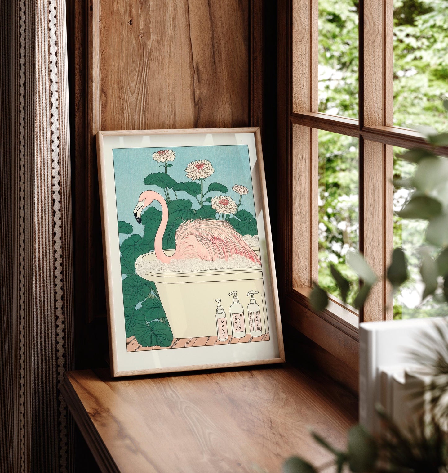 Japanese Flamingo Art Print: Ukiyo-e Bathroom Decor