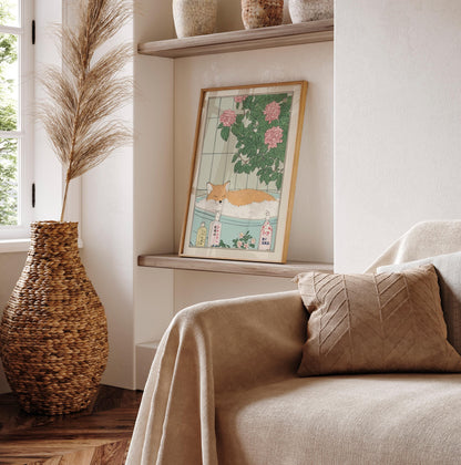 Fox in Bathtub Art Print: Japanese Ukiyo-e Style Bathroom Decor