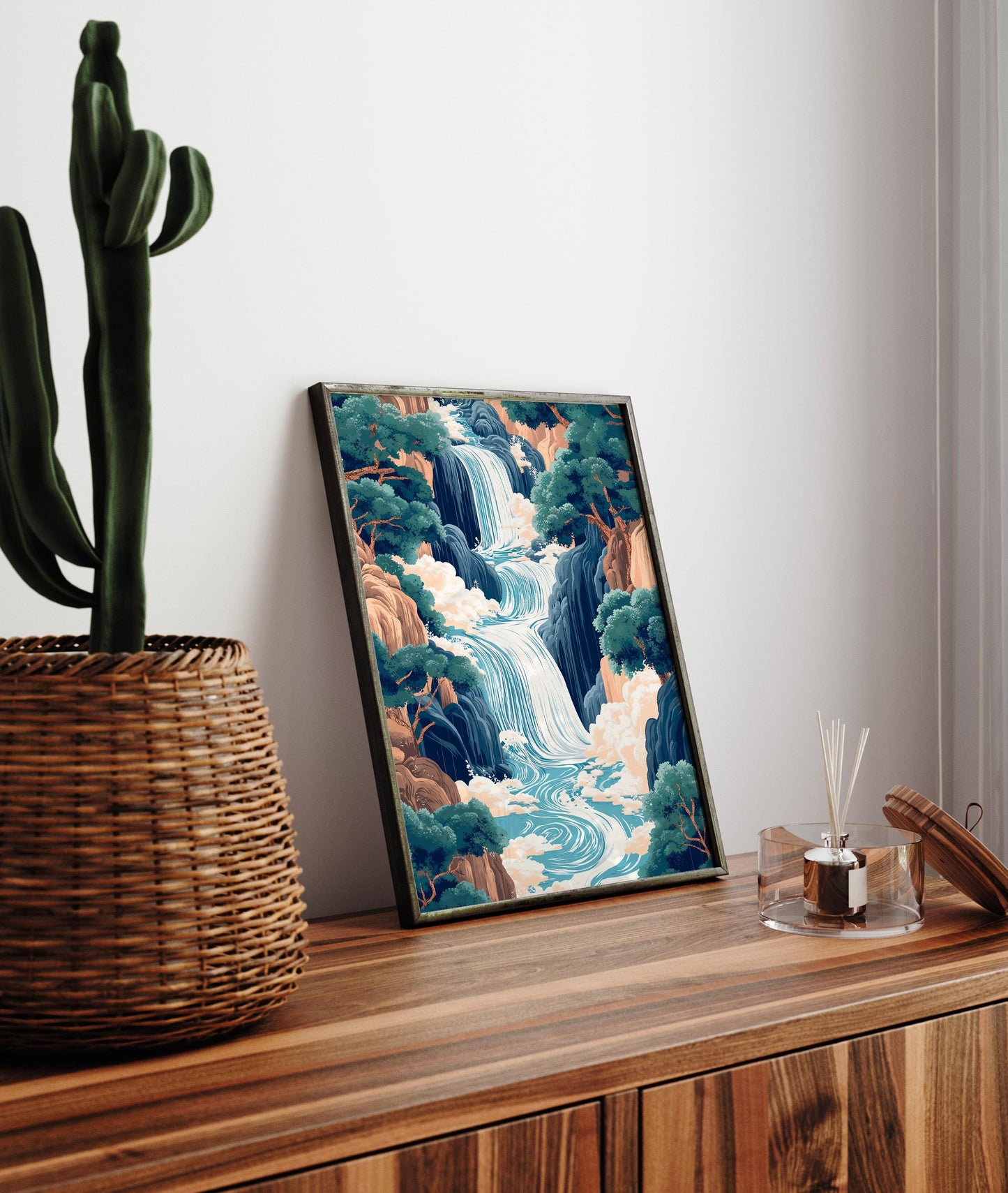 Hokusai Ukiyo-e Japanese waterfall wall art, Landscape poster, Blue green print, Japandi home decor