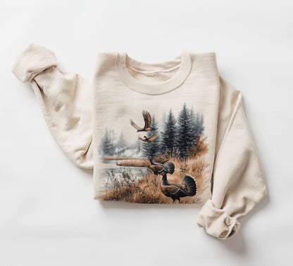 Retro Turkeys Wilderness Pond Fall Sweatshirt - 90's Vintage Wild Game Birds Outfit - Boho Unisex Crewneck Sweatshirt