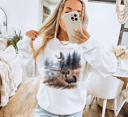 Retro Turkeys Wilderness Pond Fall Sweatshirt - 90's Vintage Wild Game Birds Outfit - Boho Unisex Crewneck Sweatshirt