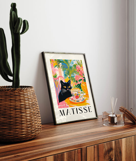 Black Cat Drinking Coffee: Funny Matisse Style Kitchen Art Print