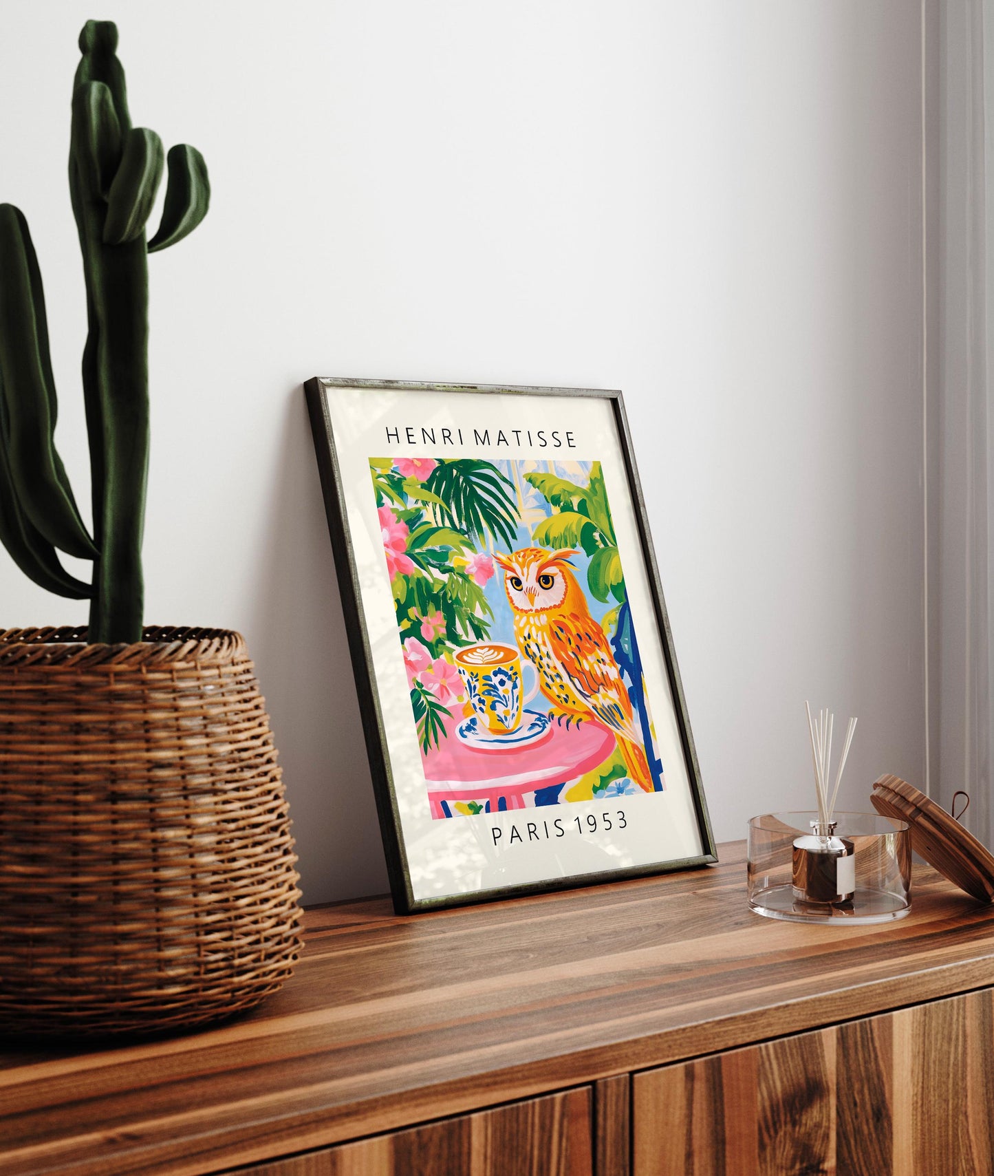 Owl Drinking Coffee Art Print: Matisse Style Kitchen Decor