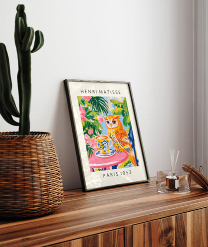 Owl Drinking Coffee Art Print: Matisse Style Kitchen Decor