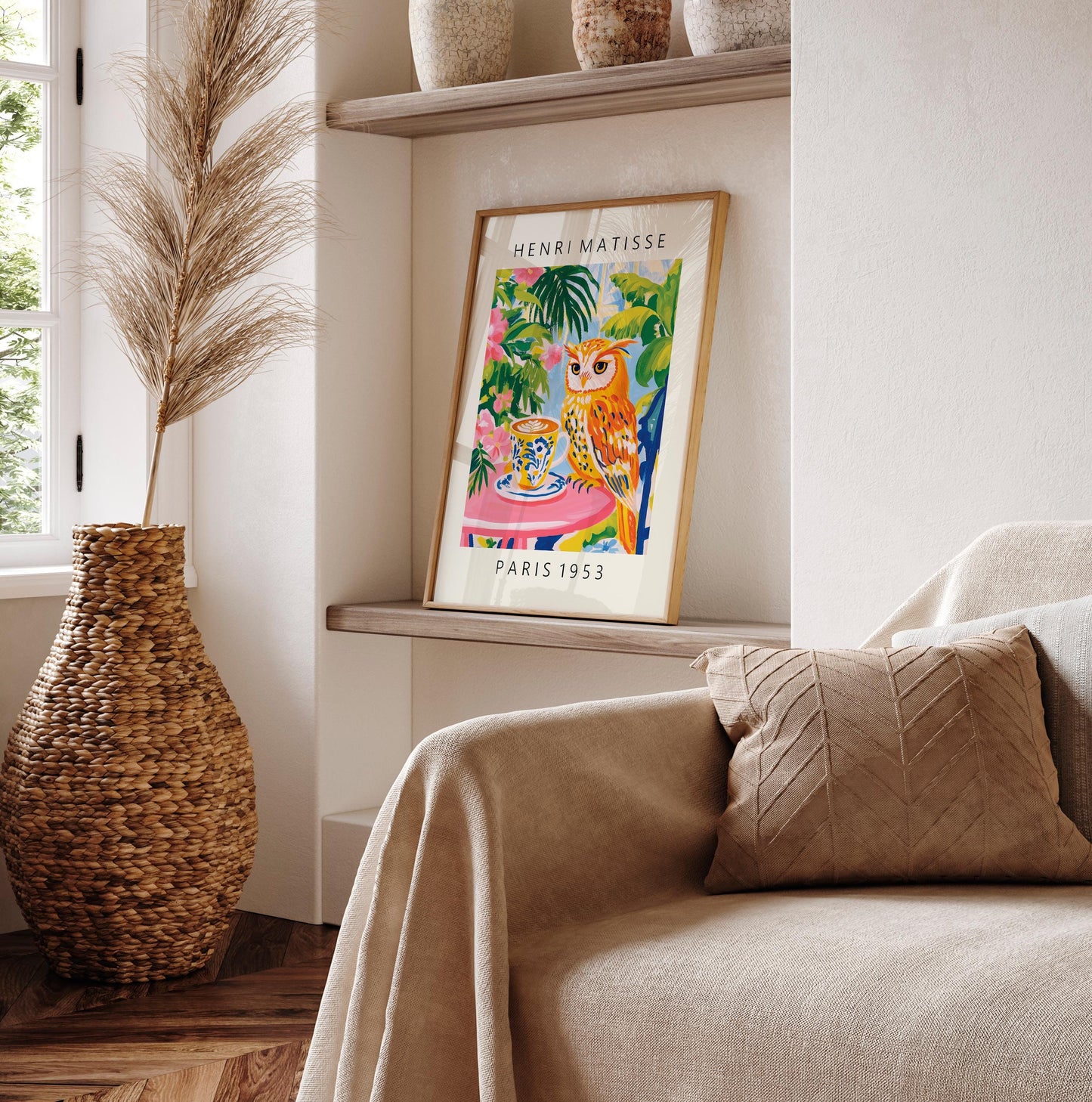 Owl Drinking Coffee Art Print: Matisse Style Kitchen Decor