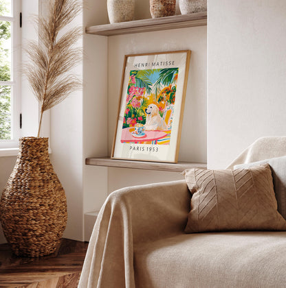 Great Pyrenees drinking coffee, Funny dog print, Pink kitchen wall art, dopamine decor, Henri Matisse print, Maximalist poster