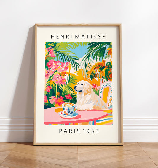 Great Pyrenees drinking coffee, Funny dog print, Pink kitchen wall art, dopamine decor, Henri Matisse print, Maximalist poster