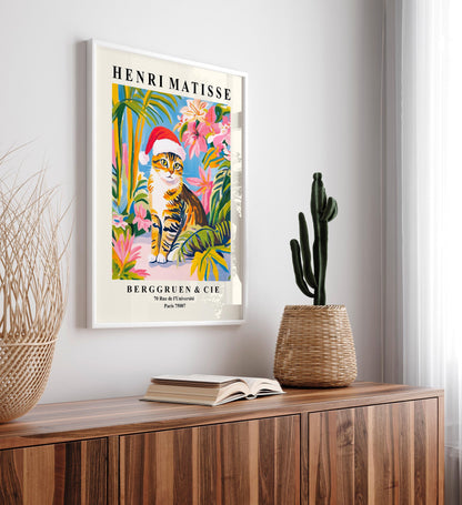 Matisse Cat Print: Grey Tabby in Santa Hat, Christmas Decor