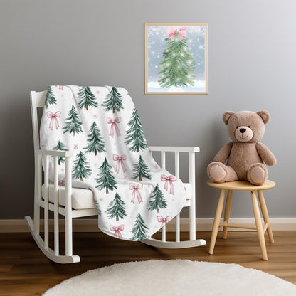 Coquette Pink Bow Christmas Blanket Christmas Tree Fleece Throw Pink Bows Holiday Bedding Christmas Gift for Family Friends Host Coworker