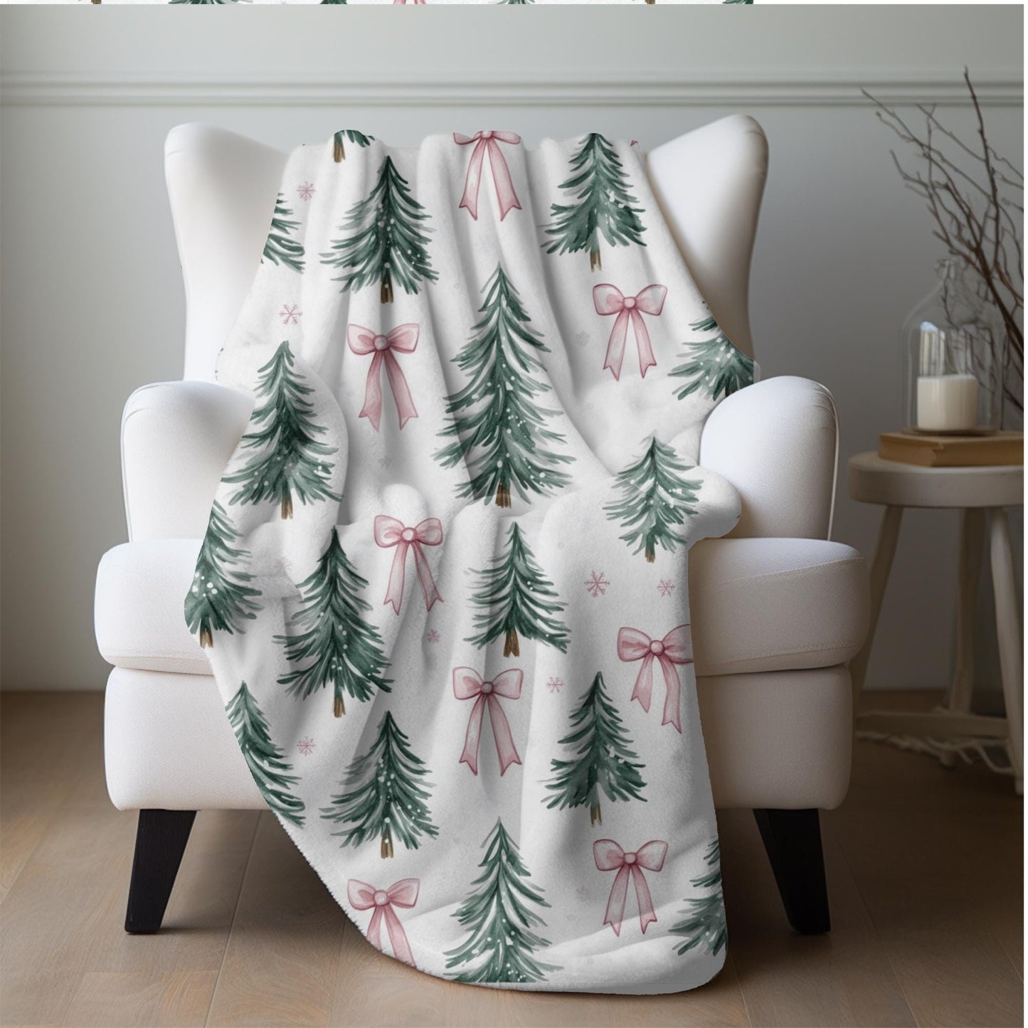 Coquette Pink Bow Christmas Blanket Christmas Tree Fleece Throw Pink Bows Holiday Bedding Christmas Gift for Family Friends Host Coworker