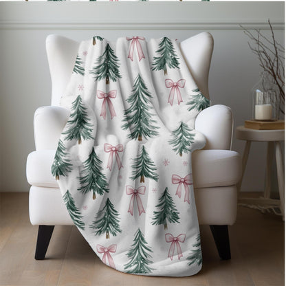 Coquette Pink Bow Christmas Blanket Christmas Tree Fleece Throw Pink Bows Holiday Bedding Christmas Gift for Family Friends Host Coworker