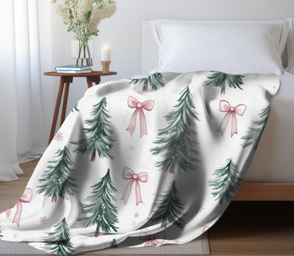 Coquette Pink Bow Christmas Blanket Christmas Tree Fleece Throw Pink Bows Holiday Bedding Christmas Gift for Family Friends Host Coworker