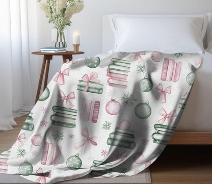 Coquette Book Lovers Blanket Pink Bow Christmas Fleece Throw Bookish Coquette Holiday Reading Blanket Christmas Gift Ideas for Book Worms