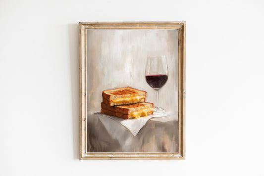 Grilled Cheese and Red Wine Art Print | Cute Quirky Whimsical | Cocktail Art Bar Cart Decor | Grilled Cheese Art Gift | Trendy Home Wall Art