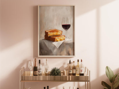 Grilled Cheese and Red Wine Art Print | Cute Quirky Whimsical | Cocktail Art Bar Cart Decor | Grilled Cheese Art Gift | Trendy Home Wall Art