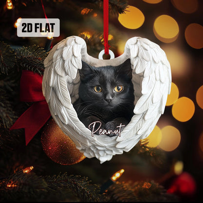 Personalized Black Cat 2D Flat Ornament, Custom Cat Christmas Memorial Ornament, Cat With Angel Wings Ornament, Cat Mom, Cat Memorial Gifts