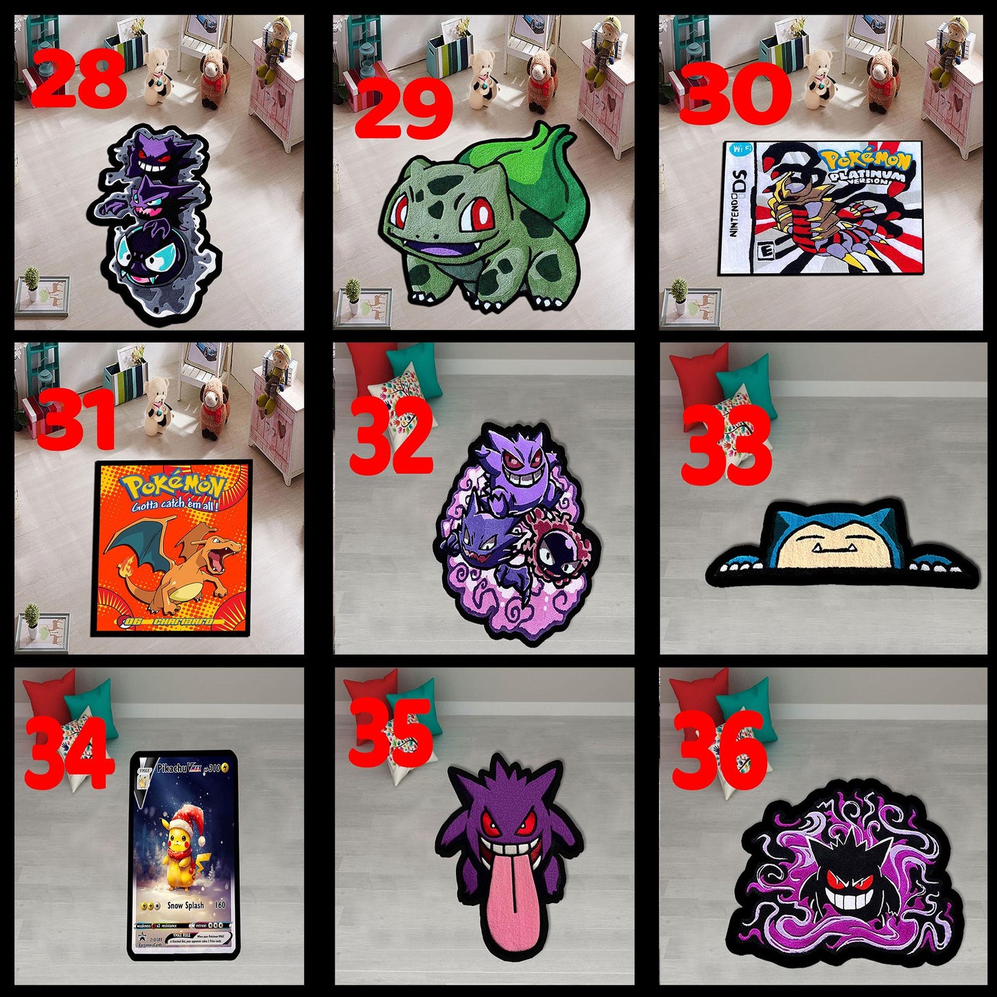 Charmander rug, Charizard rug, Blastoise rug, Snorlax rug, Balbasaur rug, Gengar rug, Pikachu rug, Squirtle rug, custom rug, cartridge rug