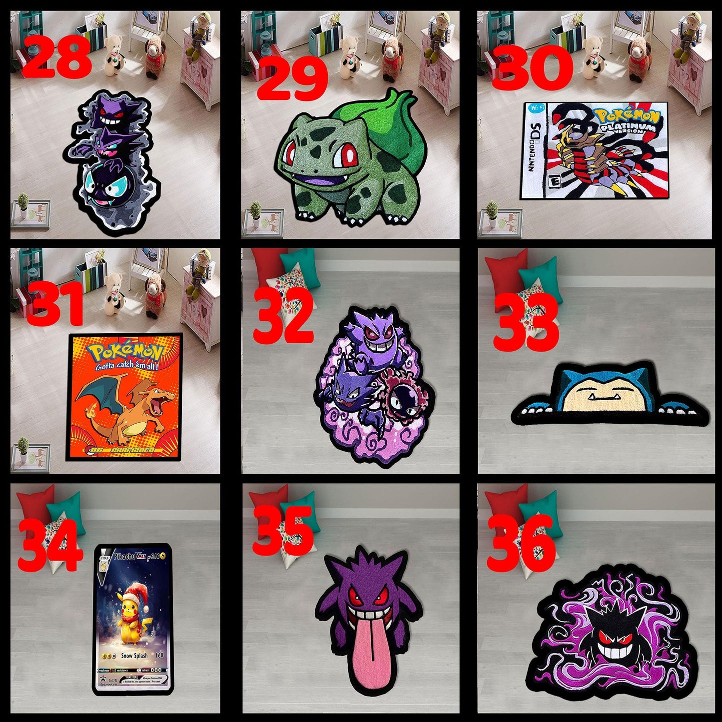 Charmander rug, Charizard rug, Blastoise rug, Snorlax rug, Balbasaur rug, Gengar rug, Pikachu rug, Squirtle rug, custom rug, cartridge rug