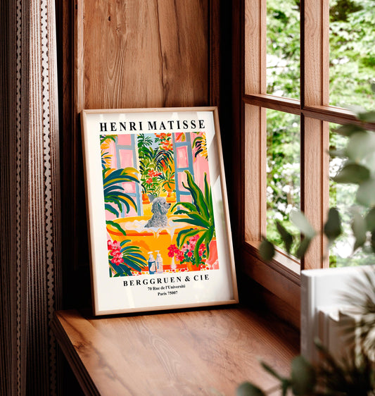 Poodle in Bathtub Art Print: Funny Dog Bathroom Decor, Henri Matisse Style