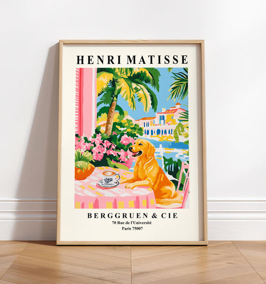 Golden Retriever Matisse Print: Pink Kitchen Wall Art, Coffee Poster