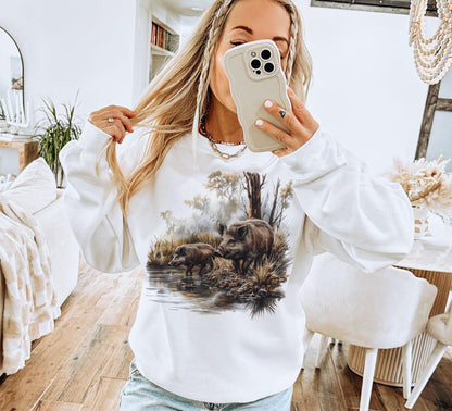 Retro Wild Boar Marshlands Fall Scene Sweatshirt - Nineties 90s Vintage Boar Hunting Outfit - Boho Unisex Crewneck Sweatshirt