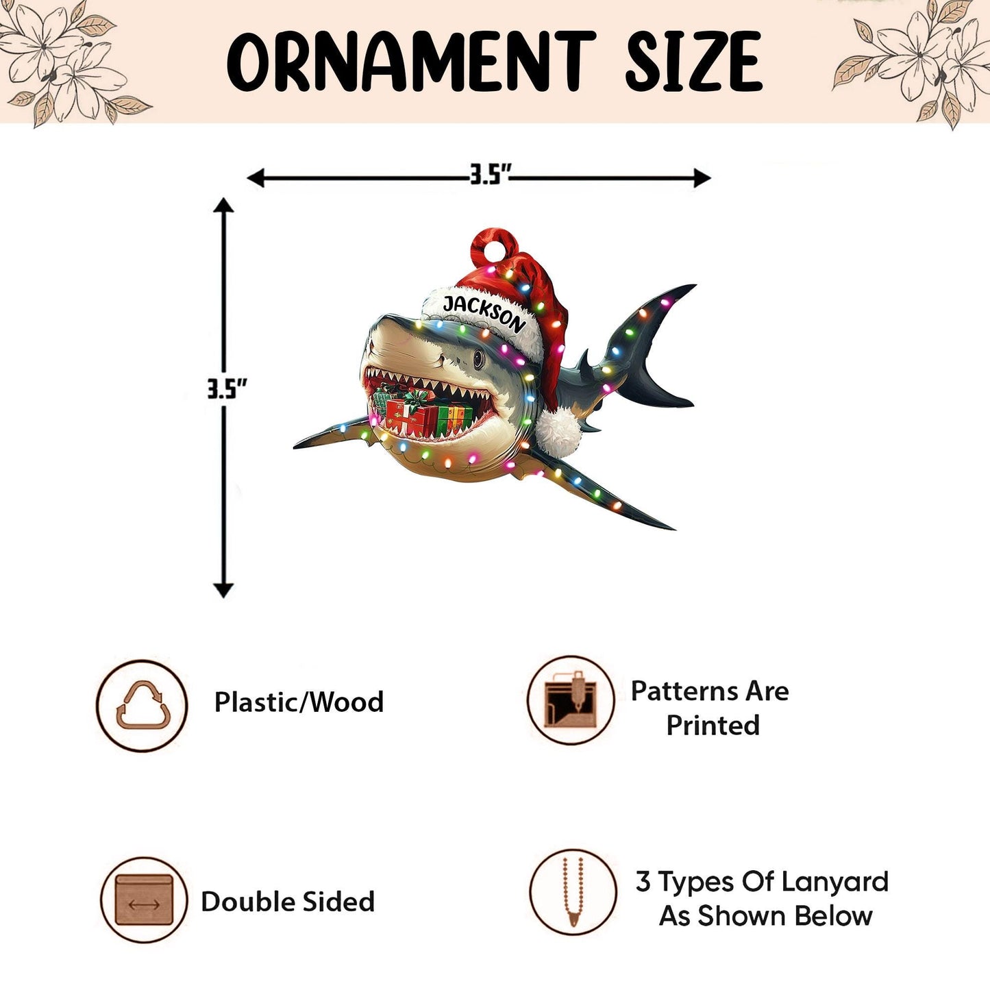 Personalized Shark 2D Flat Ornament, Custom Merry Sharkmas Christmas Tree Ornament, Ocean Christmas Home Decor, Shark Lovers Gift for Kids