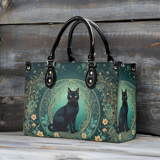 Mystical Cat Crossbody Bag in Teal and Gold - Art Nouveau Vegan Leather Purse, Unique Gift for Women