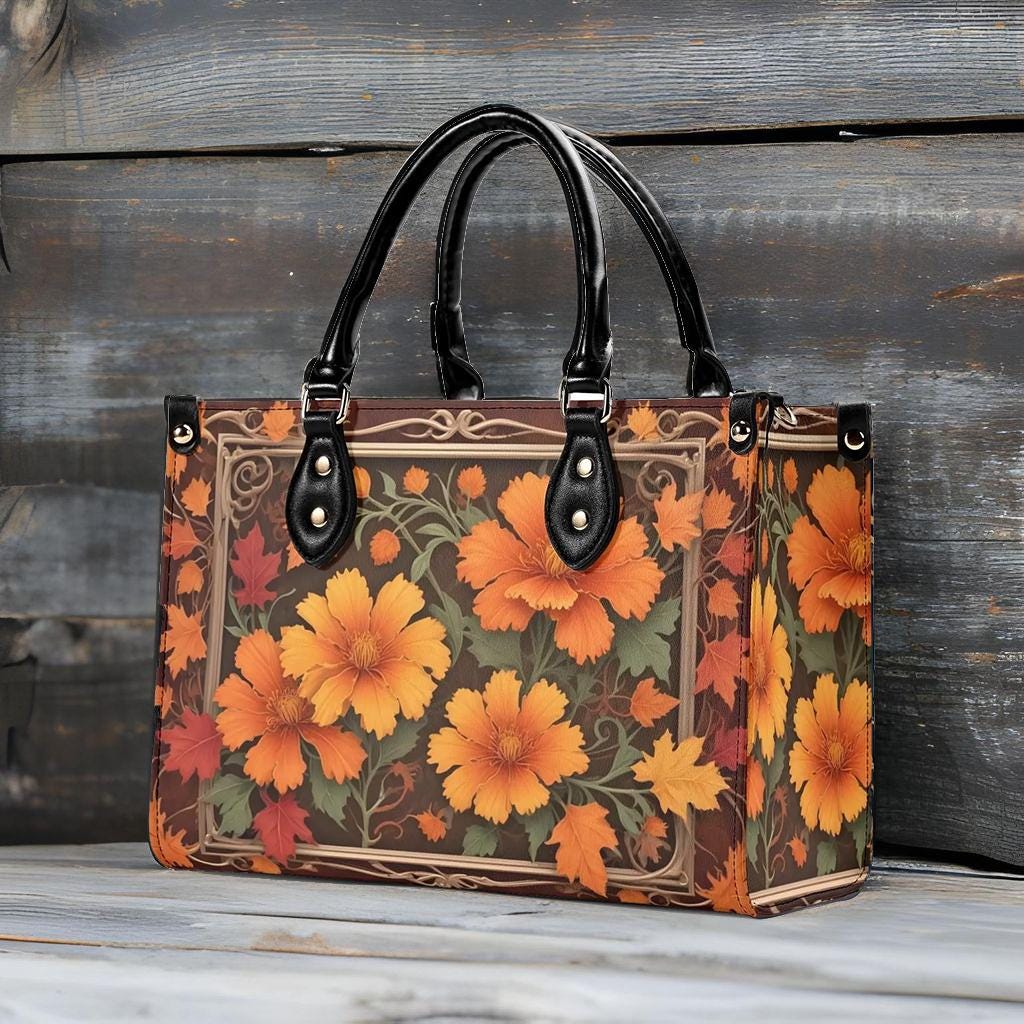 Autumn Maple Leaves and Marigolds Crossbody Bag - Nature-Inspired Vegan Leather Purse, Unique Gift for Women