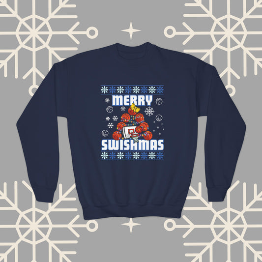 Youth Merry Swishmas Sweatshirt, Basketball Ugly Christmas for Kids, Basketball Gifts for Boys, Gift for Girl